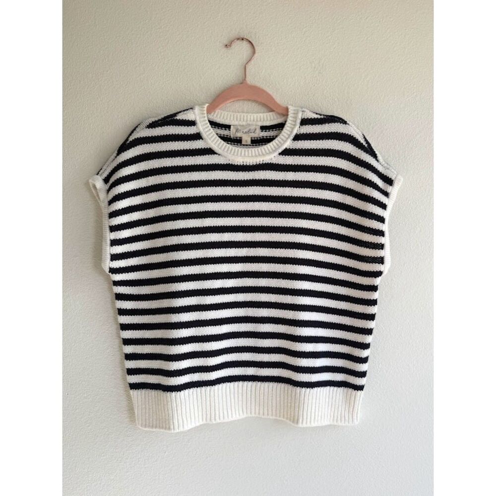 Marled Striped Knit Boxy Sleeveless Sweater Top in Navy Blue & White size Small